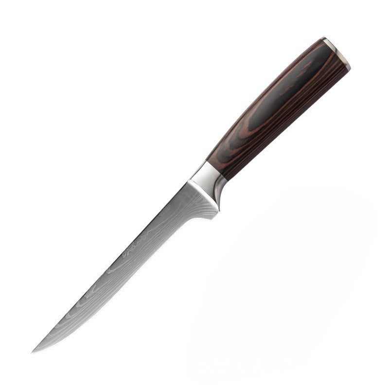 Steel kitchen knife set with wood handles by The Domestic Artifact, featuring multiple sharp knives displayed on a wooden countertop.