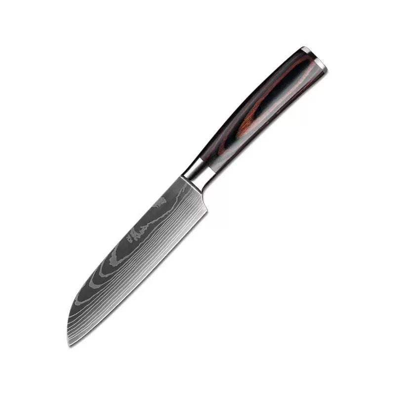 The Domestic Artifact steel kitchen knife set with wooden handles, includes various sharp knives for cooking and food preparation.