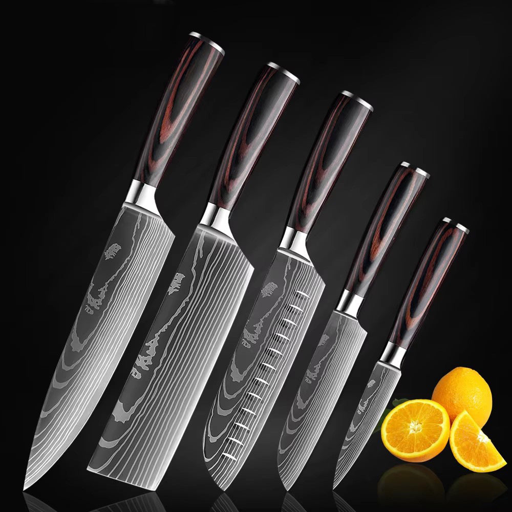 The Domestic Artifact steel kitchen knife set with wood handles, showing four sharp knives on a wooden cutting board.