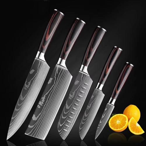 The Domestic Artifact steel kitchen knife set with wood handles, showing four sharp knives on a wooden cutting board.