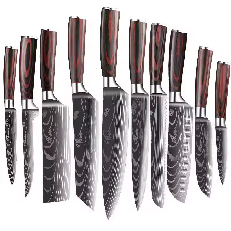 The Domestic Artifact steel kitchen knife set with wooden handles, featuring multiple sharp knives for precise cooking prep.