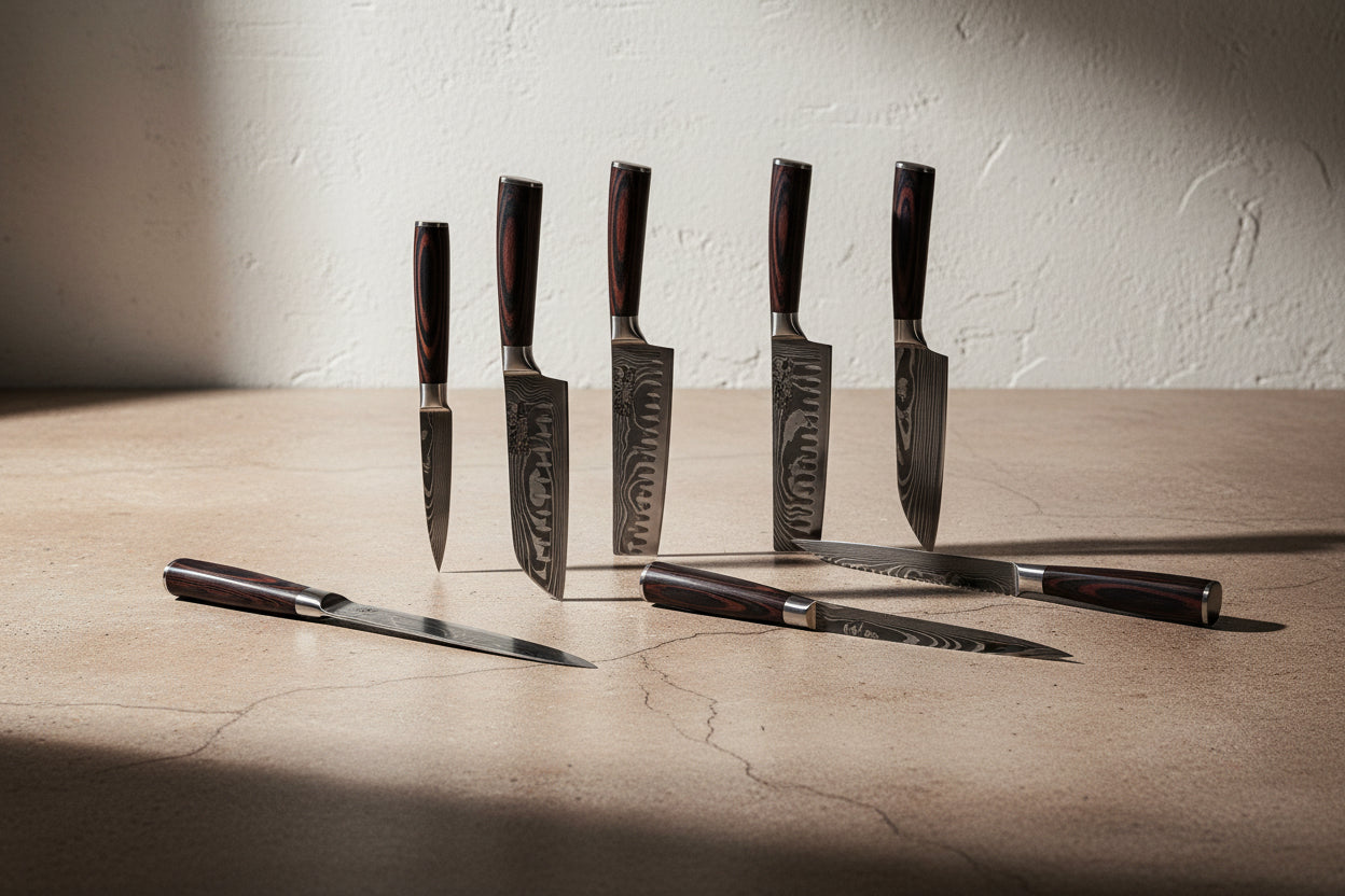 Set of eight steel kitchen knives with wooden handles from The Domestic Artifact, displayed on a wooden cutting board.