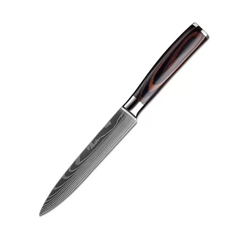 The Domestic Artifact steel kitchen knife set with wood handles, featuring multiple knives displayed on a wooden cutting board.