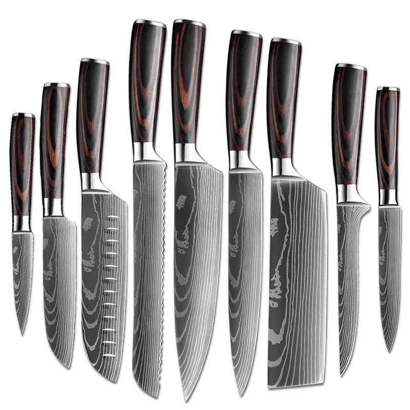 Set of stainless steel kitchen knives with wooden handles from The Domestic Artifact, displayed on a wooden cutting board.