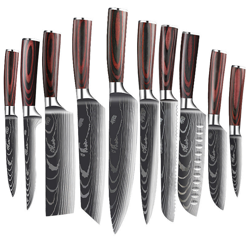 The Domestic Artifact steel kitchen knife set with wood handles displayed on a cutting board, showcasing sharp blades and ergonomic design.