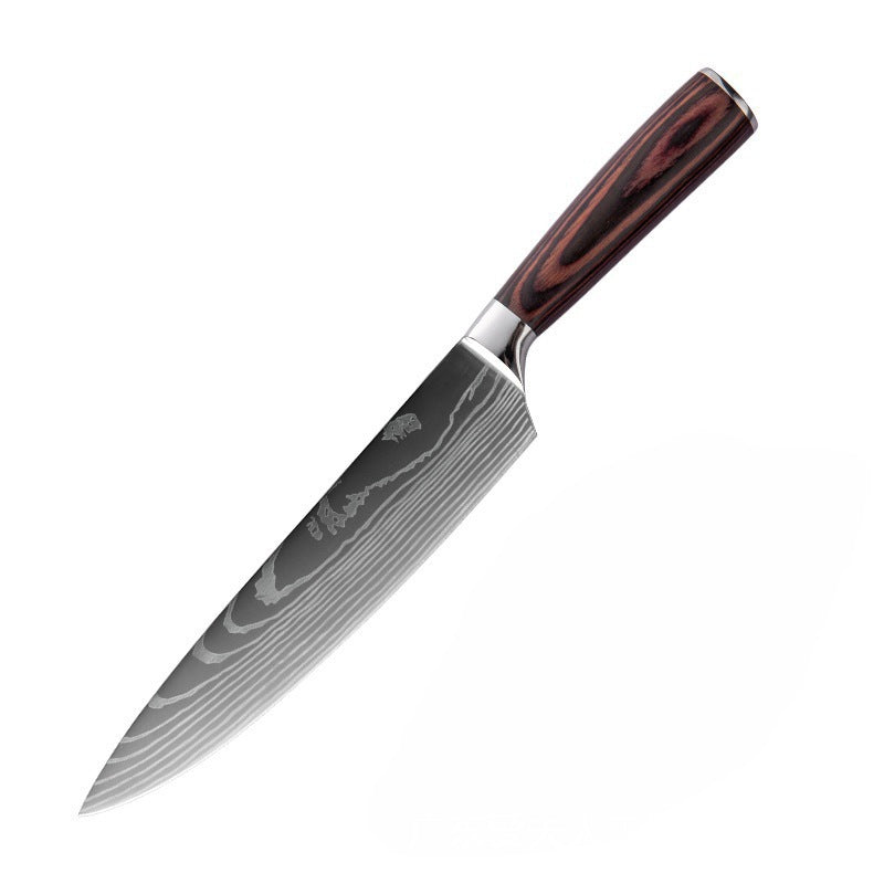 Steel kitchen knife set with wooden handles from The Domestic Artifact, featuring multiple knives with sleek metal blades and ergonomic grips.