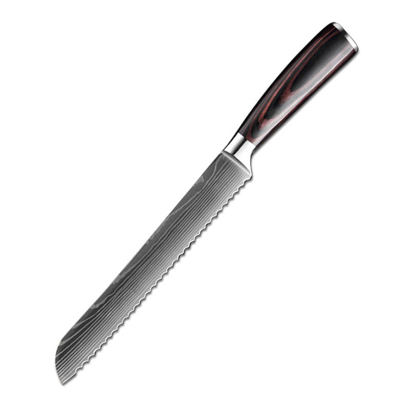 Steel kitchen knife set with wood handles by The Domestic Artifact, featuring multiple knives arranged on a wooden countertop.